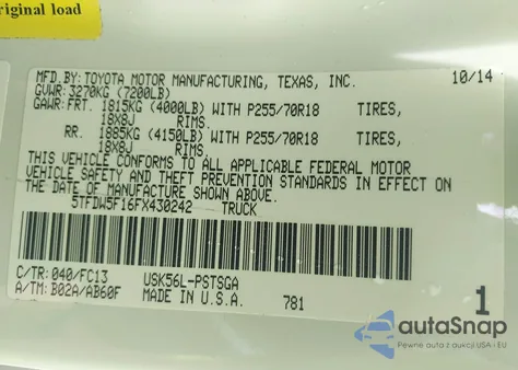 2015 Toyota Tundra Sr5 5.7L V8 z USA, uszkodzony, nr VIN 5TFDW5F16FX430242